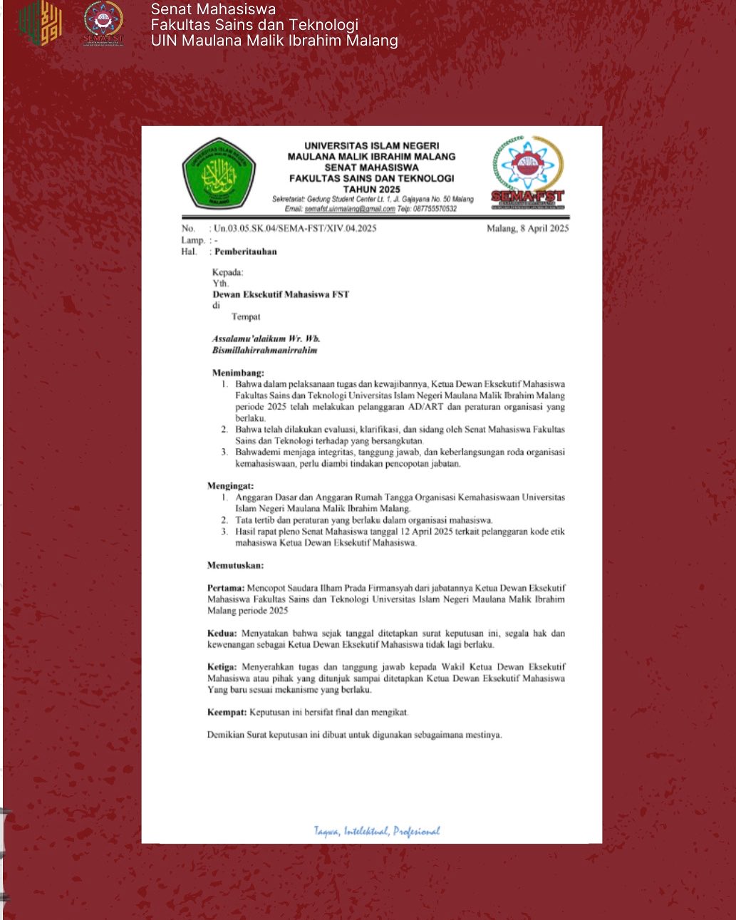 Ketua DEMA FST UIN Malang Dipecat