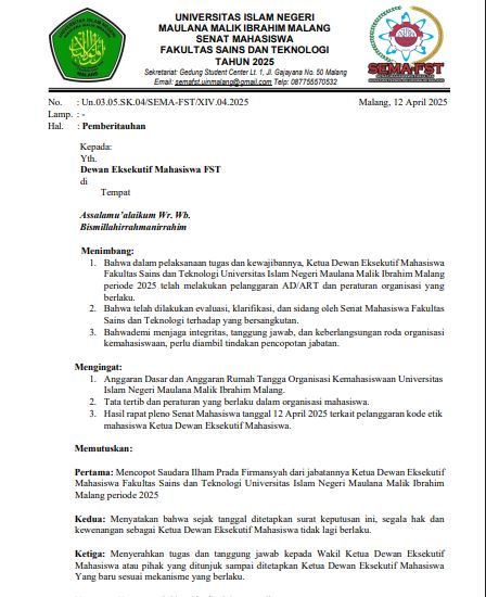 Ketua DEMA FST UIN Malang Dipecat